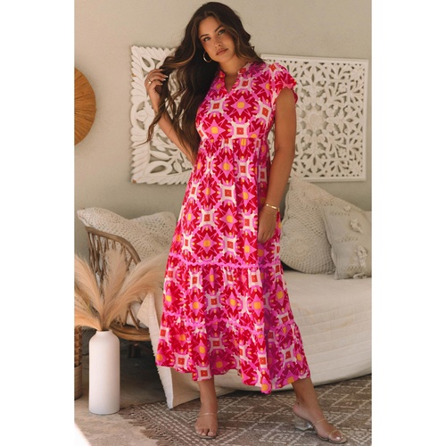 Strawberry Pink Geo Print V-neck Maxi Dress - S - Main Image