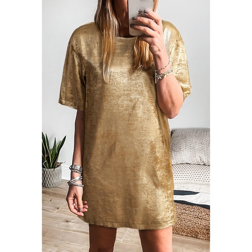 Gold Metallic Luster Crewneck Mini T-Shirt Dress - M - Main Image