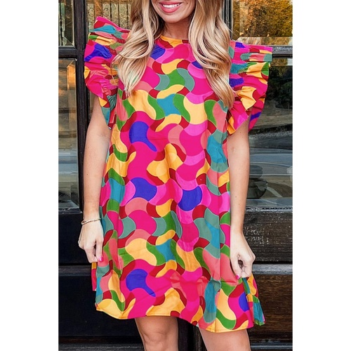 Rose Red Abstract Print Ruffle Sleeve Shift Dress - L - Main Image
