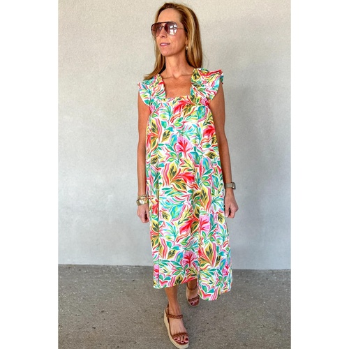 White Floral Print Ruffled Sleeveless Midi Dress - L - Main Image