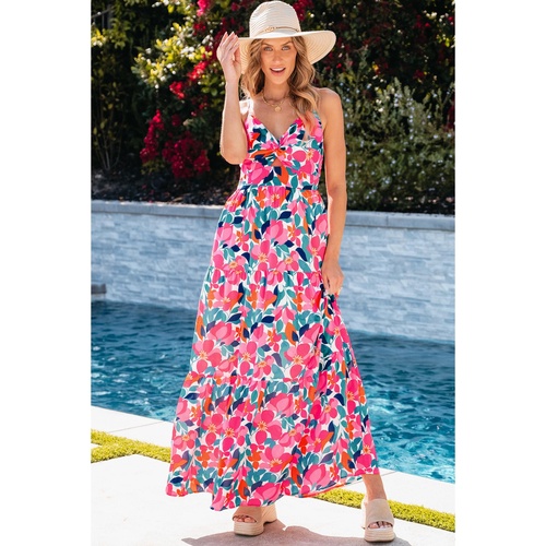 Rose Floral Twisted Smocked Back Tiered Maxi Dress - M - Main Image