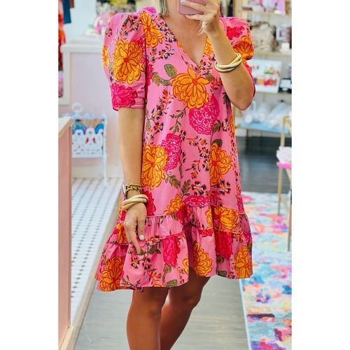 Pink Floral Bubble Sleeve V Neck Ruffled Mini Dress - L - Main Image