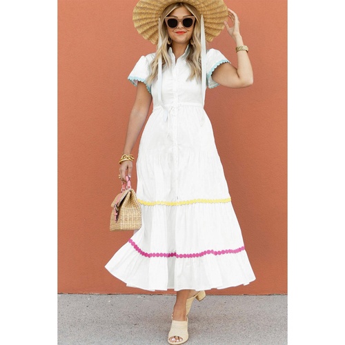 White Colorblock Rickrack Trim Short Sleeve Drawstring Waist Long Dress - S - Main Image