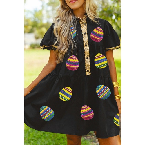 Black Glistening Easter Egg Sequin Trim Half Button Puff Sleeve Dress - L - Main Image