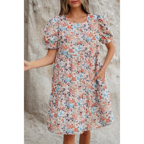 Apricot Bohemian Floral Print Short Puff Sleeve Mini Dress - L - Main Image