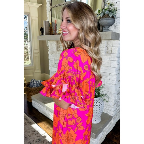 Pink Voluminous Ruffled Sleeve Floral Dress - L - Main Image