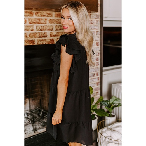 Black Floral Embroidered Tiered Ruffled Mini Dress - M - Main Image