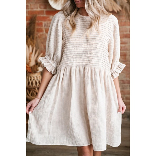 White Textured Ruffled Puff Sleeve Loose Dress - M - Main Image
