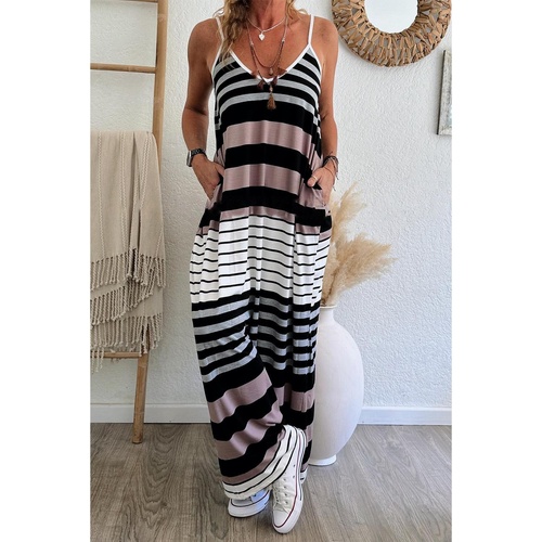 Multicolour Mixed Stripes Spaghetti Straps V Neck Maxi Dress - XL - Main Image