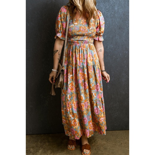 Yellow Smocked Bodice High Waist Puff Sleeve Floral Dress - L - Main Image