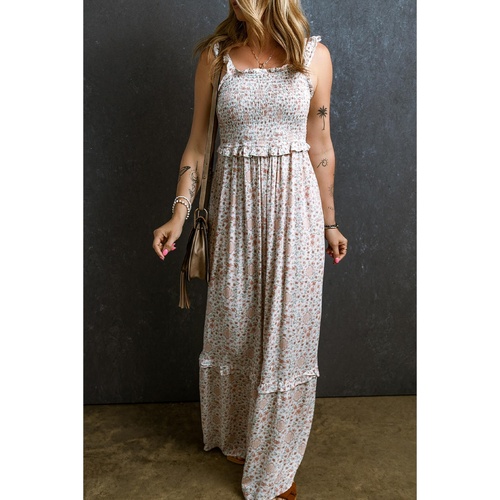 White Lace Frilly Straps Shirred Floral Maxi Dress - L - Main Image