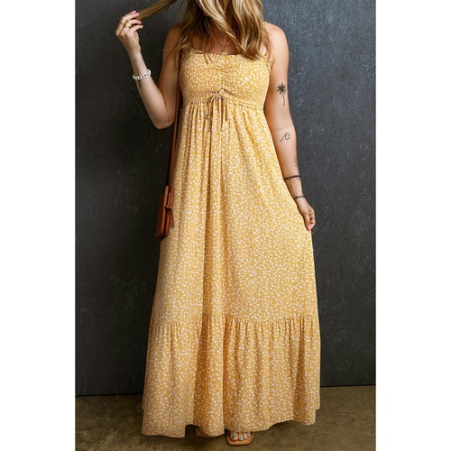 Yellow Frilly Smocked High Waist Floral Maxi Dress - S - Main Image