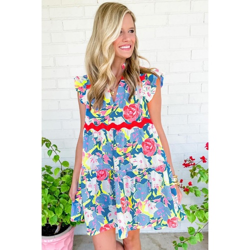 Sky Blue Floral Printed V Notched Ric Rac Flutter Sleeve Dress - M - Main Image