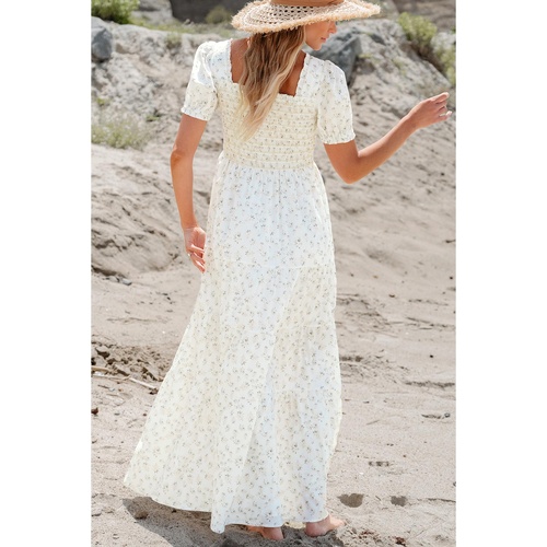 White Frilly Shirred Bodice Tiered Floral Maxi Dress - S - Main Image