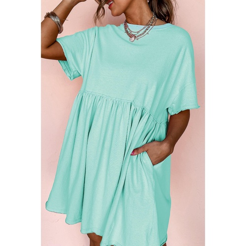 Moonlight Jade Solid Color Pocketed Raw Edge Babydoll Dress - L - Main Image