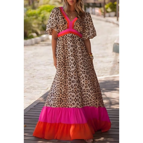 Bright Pink Leopard Colorblock Patchwork Bubble Sleeve Maxi Dress - M - Main Image