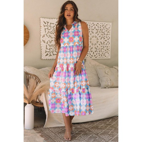 Sky Blue Floral Print Frilly Neck Sleeveless Tiered Maxi Dress - L - Main Image