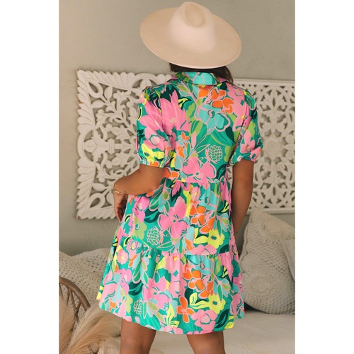 Green Floral Puff Sleeve Collar Buttoned Babydoll Dress - S - Main Image
