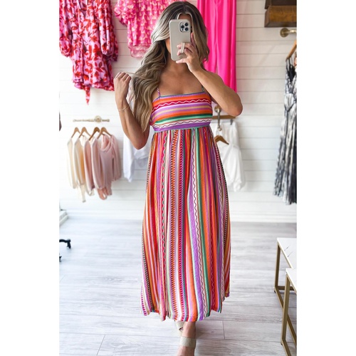 Multicolour Striped Thin Straps Smocked Back Boho Maxi Dress - XL - Main Image
