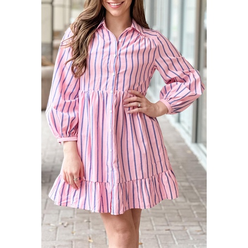 Pink Stripe Ruffled Hem Button-up Collared Shirt Mini Dress - L - Main Image