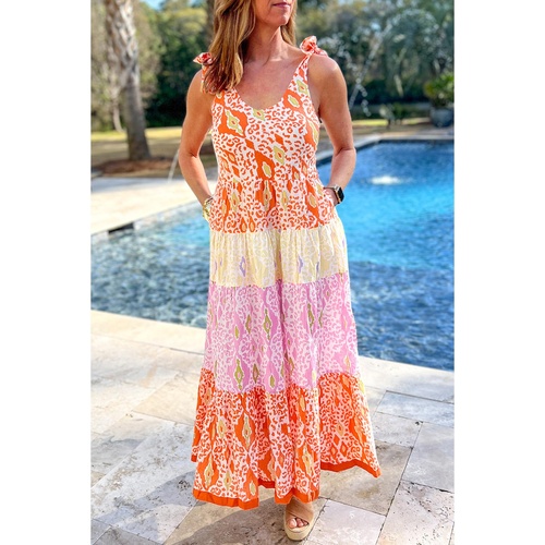 Orange Knotted Straps Leopard Colorblock Dress - L - Main Image