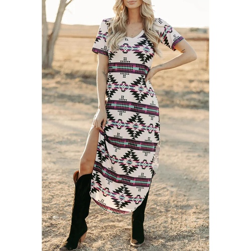 Beige Western Aztec Printed Long T-shirt Dress - L - Main Image