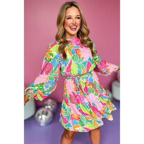 Green Multicolor Botanical Bubble Sleeve Mini Dress - L - Main Image