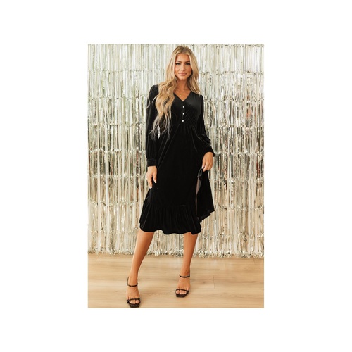 Black Velvet Buttoned Puff Sleeve V Neck Split Midi Dress - L - Main Image
