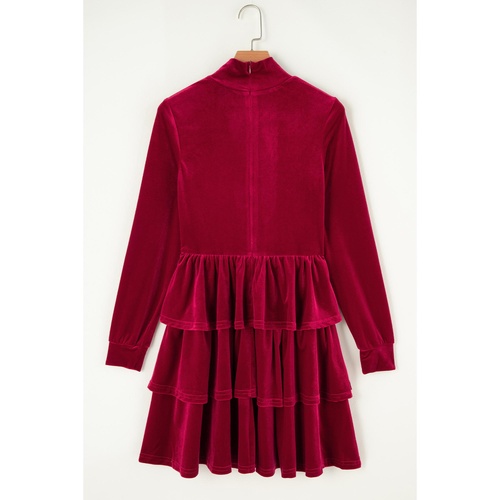 Racing Red Velvet High Neck Tiered Ruffle Mini Dress - S - Main Image