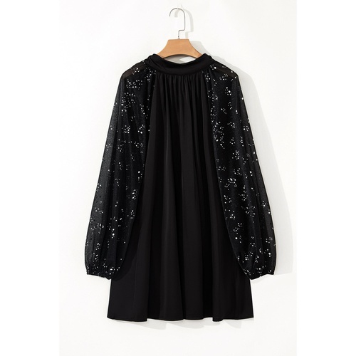 Black Glittering Mesh Sleeve Mock Neck Mini Dress - S - Main Image