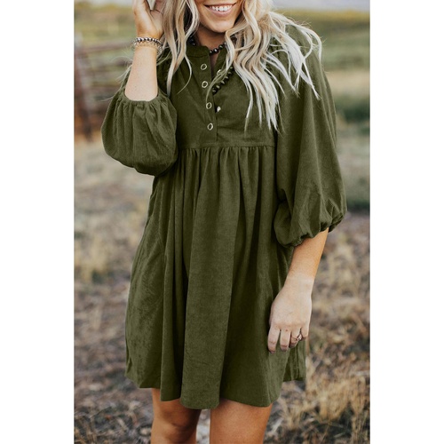 Vineyard Green Corduroy Snap Buttons Empire Waist Bracelet Sleeve Dress - M - Main Image