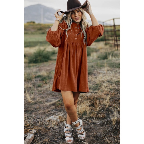 Gold Flame Corduroy Snap Buttons Empire Waist Bracelet Sleeve Dress - L - Main Image