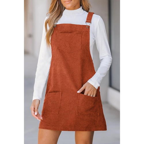Cinnamon Solid Front Pockets Sleeveless Corduroy Overall Dress - L - Main Image