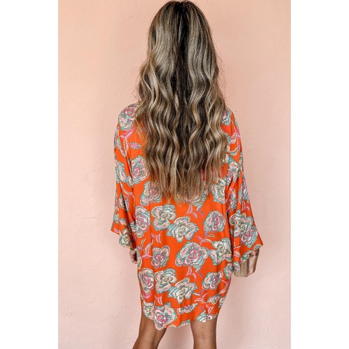 Red Floral Print Lapel Collar Loose Shirt Mini Dress - L - Main Image