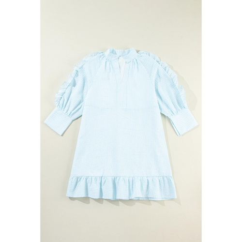 Myosotis Seersucker Ruffled Puff Sleeve Stand Neck Mini Dress - L - Main Image