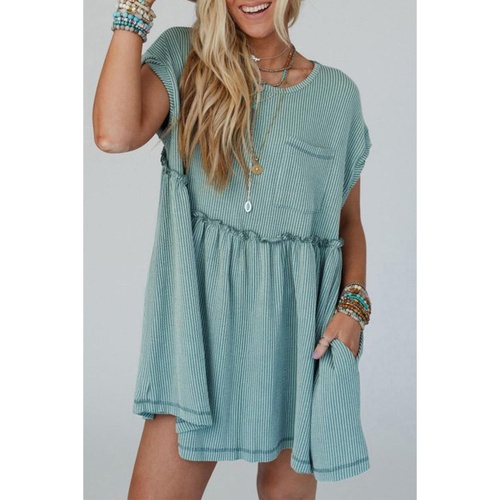 Canton Corded Knit Textured Patched Pocket Frilled Swing Mini Dress with Pockets - L - Main Image