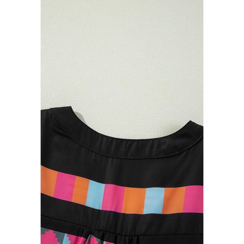 Black Ethnic Print Buttoned V Neck Bell Sleeve Ruffle Patchwork Dress - XL - Main Image