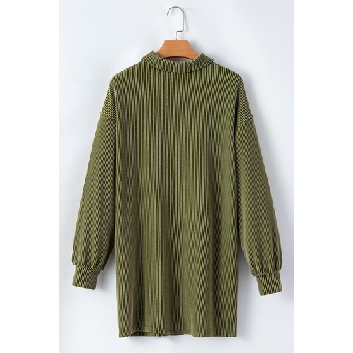 Moss Green Corded Buttons Placket Drop Shoulder Collared Shift Dress - L - Main Image