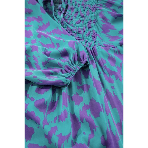 Sky Blue Abstract Print Puff Sleeve Tied Notched Neck Long Dress - M - Main Image