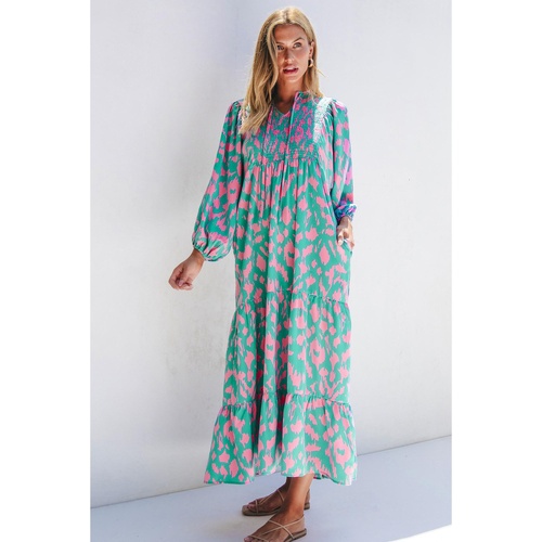 Green Abstract Print Puff Sleeve Tied Notched Neck Long Dress - M - Main Image