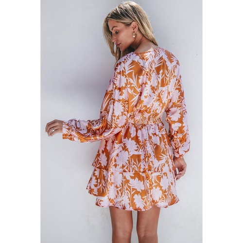 Brown Floral Puff Sleeve Smocked Waist Layered Dress - L - Main Image