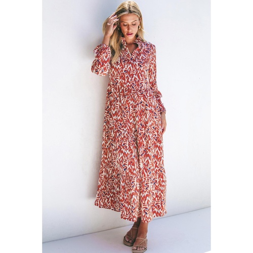 Orange Abstract Print V Neck Pleated High Waist Midi Dress - L - Main Image