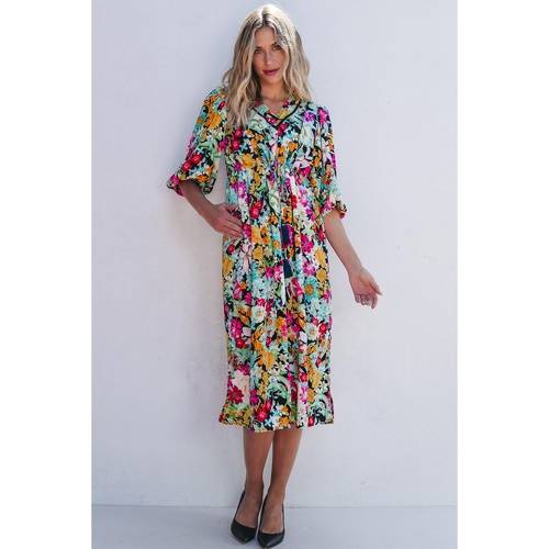 Green Floral Puff Sleeve V Neck Tassel Drawstring Dress - M - Main Image