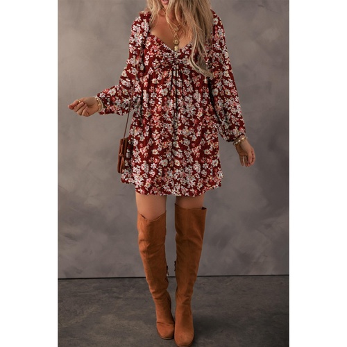 Red Floral Print Sweetheart Neck Shirred Back Mini Dress - S - Main Image