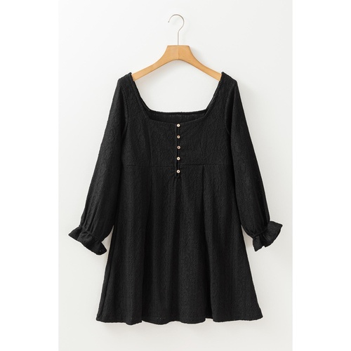Black Lace Crochet Buttoned Square Neck Shift Mini Dress - XL - Main Image