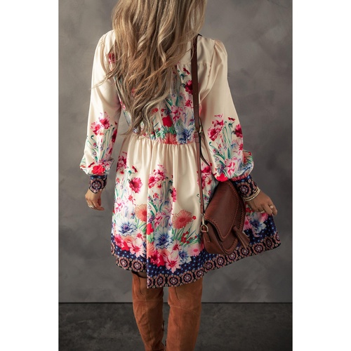 Apricot Floral Print Buttoned High Waist Shirt Mini Dress - XL - Main Image