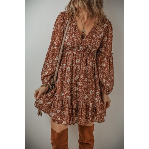 Brown Boho Floral Ruffled Puff Sleeve V Neck Mini Dress - L - Main Image