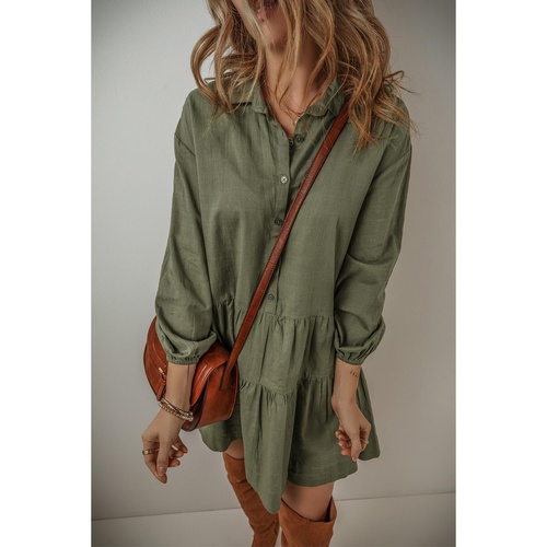 Jungle Green Puff Sleeve Buttoned Tiered Pleated Shirt Mini Dress - S - Main Image