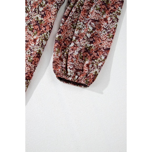 Brown Floral Print Split Front Tiered Frilled V Neck Midi Dress - L - Main Image