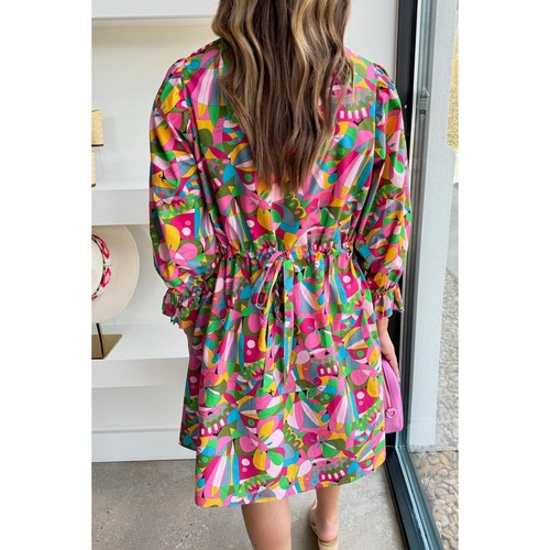 Pink Abstract Printed Lantern Sleeve Buttoned Mini Dress - L - Main Image